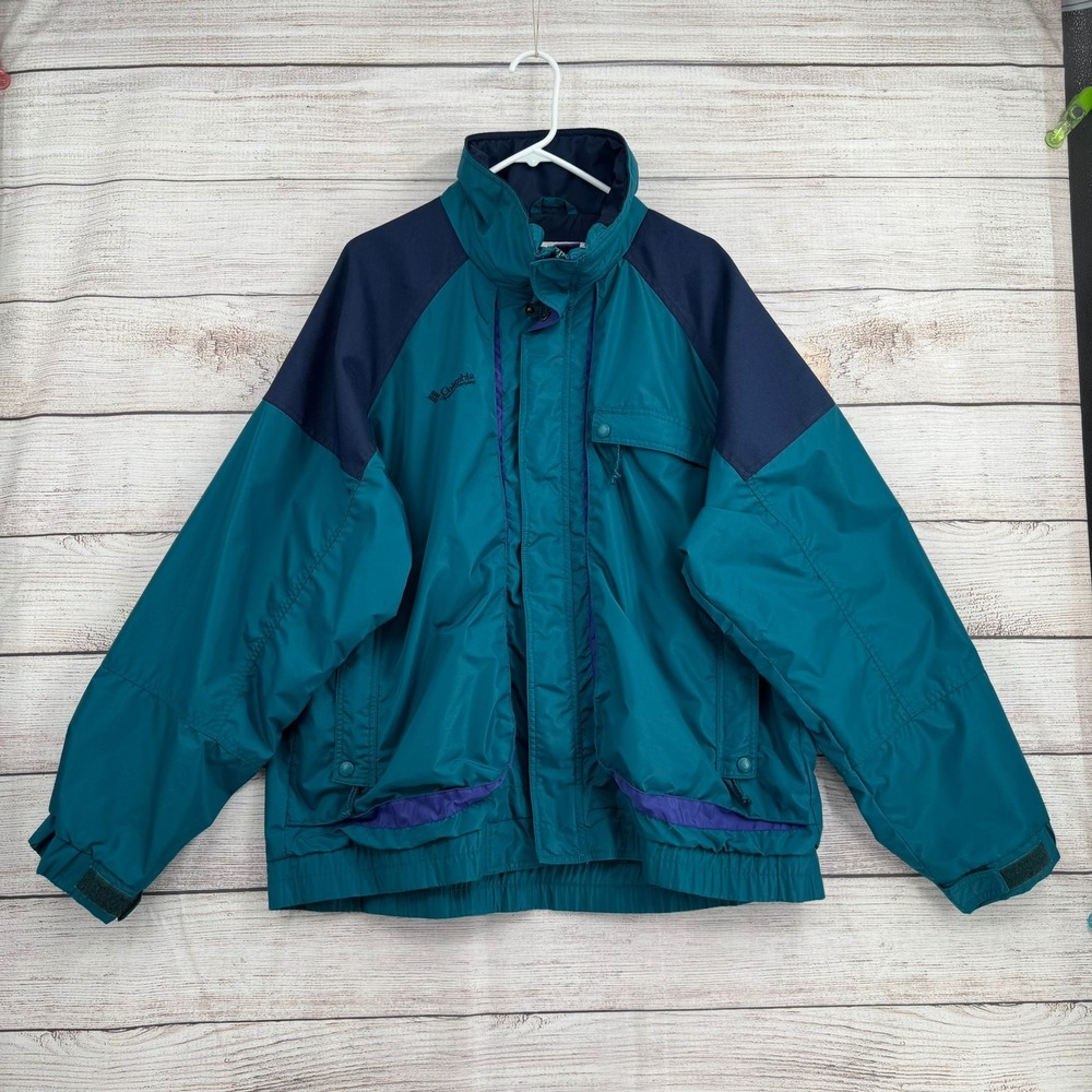 Columbia Powder Keg Jacket Mens L Teal Navy Colorblock Retro Windbreaker
